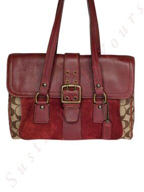 Coach Signature Satchel Handbag Red Suede Special Edition Signature Canvas Y2K